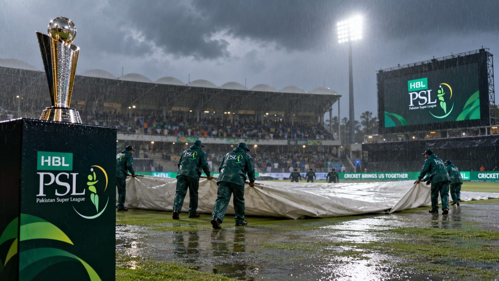 PSL match abandoned due to rain as ground staff cover the cricket pitch during heavy rainfall.