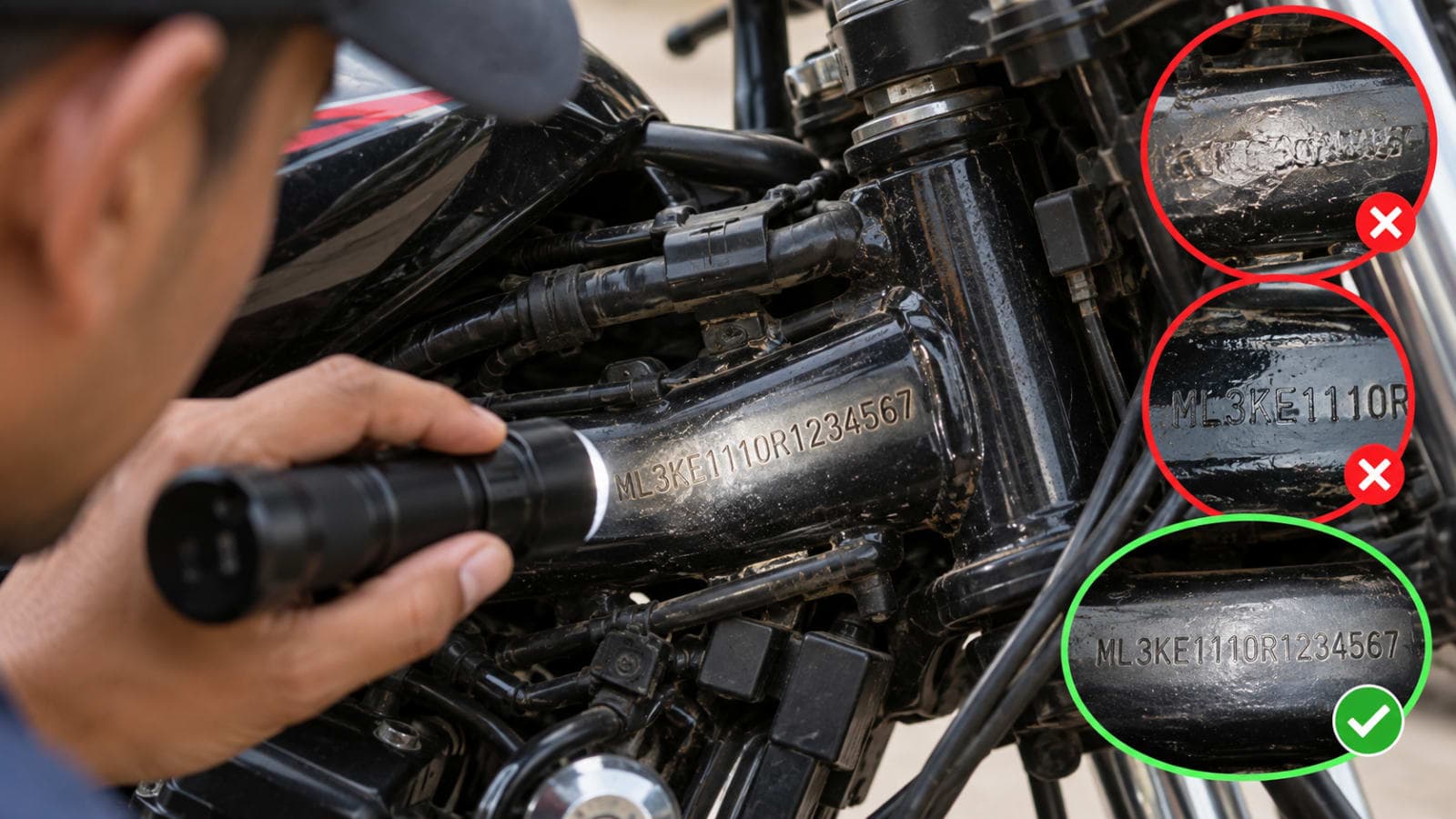Tampered chassis number inspection on a used motorcycle frame to identify altered digits and suspicious markings.