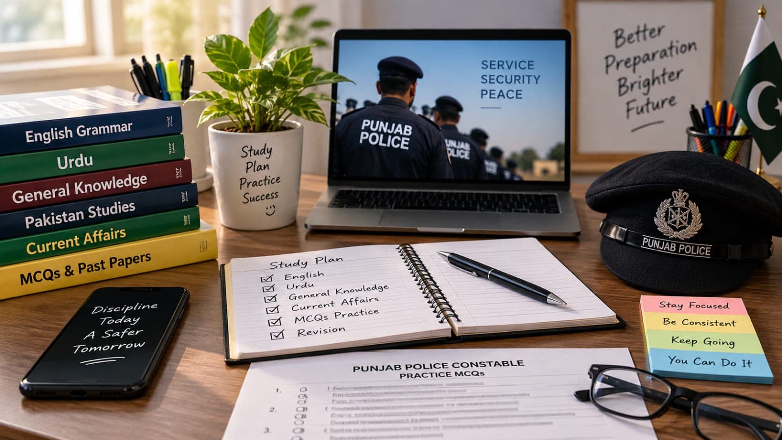 Punjab Police Constable Written Test preparation at home with study books, practice questions, and a daily study timetable.