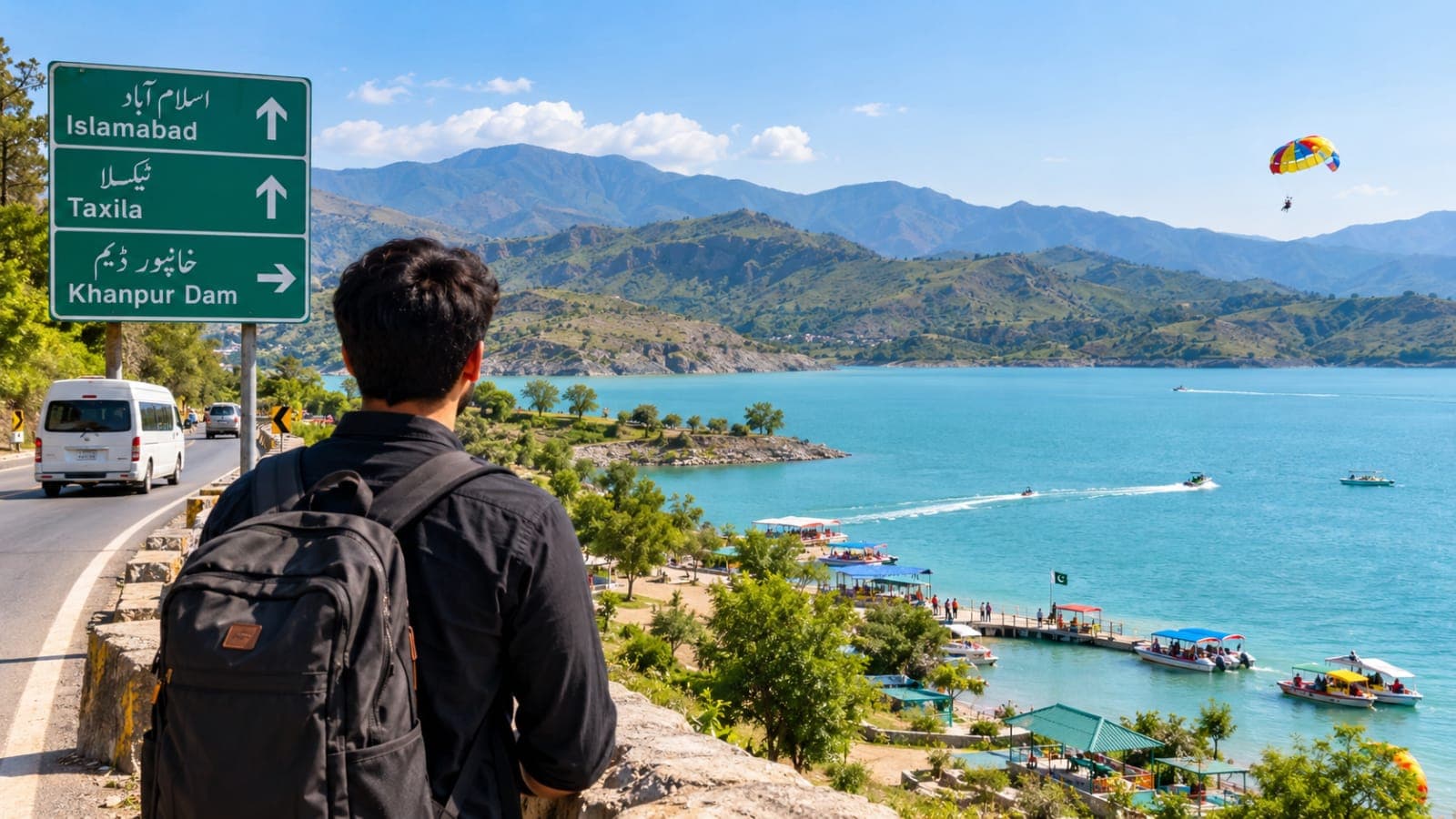Islamabad to Khanpur Dam without a car – scenic view of Khanpur Dam and the surrounding hills in Pakistan.