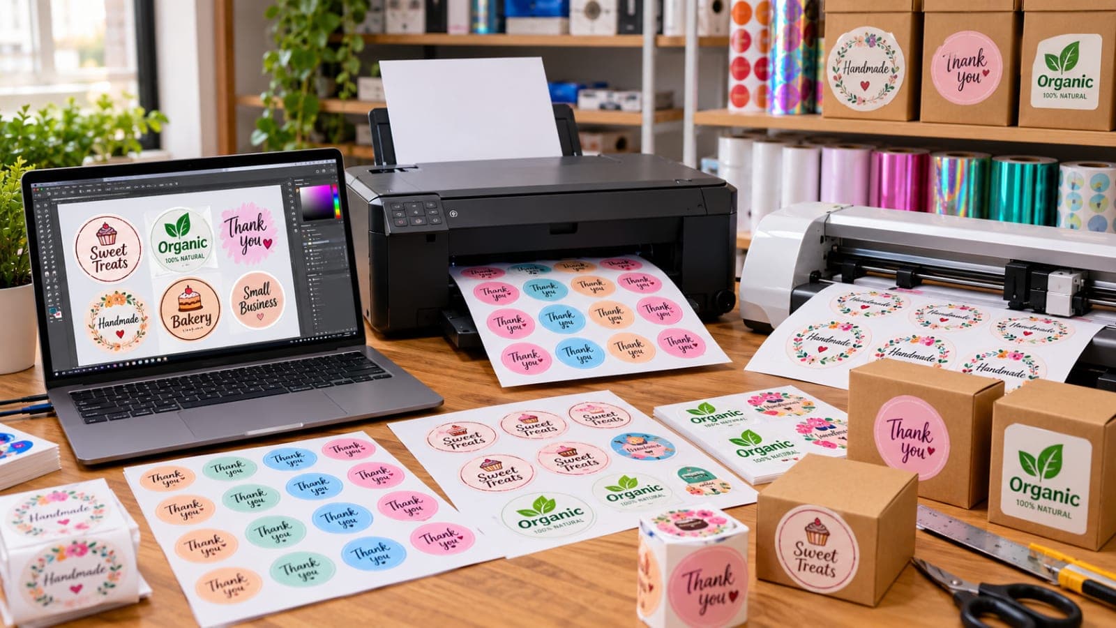 Sticker Printing Business in Pakistan with a desktop printer, vinyl sticker sheets, cutting machine, and custom printed labels.