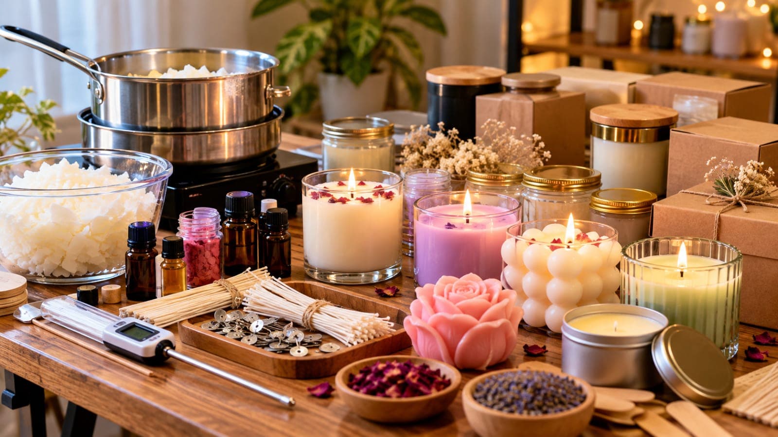 Home-Based Candle Business in Pakistan with handmade scented candles, wax, wicks, and candle-making supplies on a wooden table.
