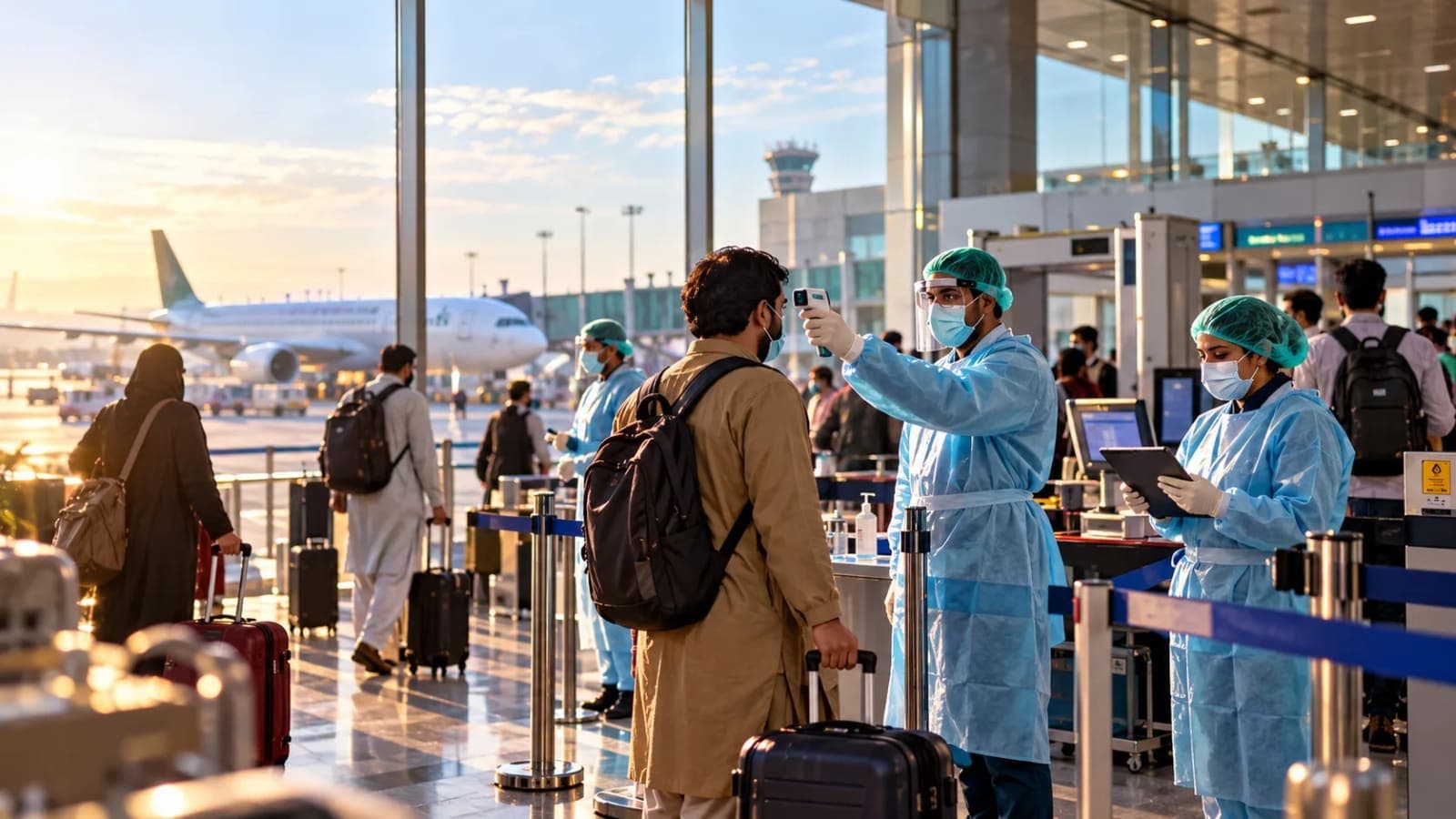 Plague risk in Pakistan 2026 showing health officials monitoring infectious disease surveillance at an airport