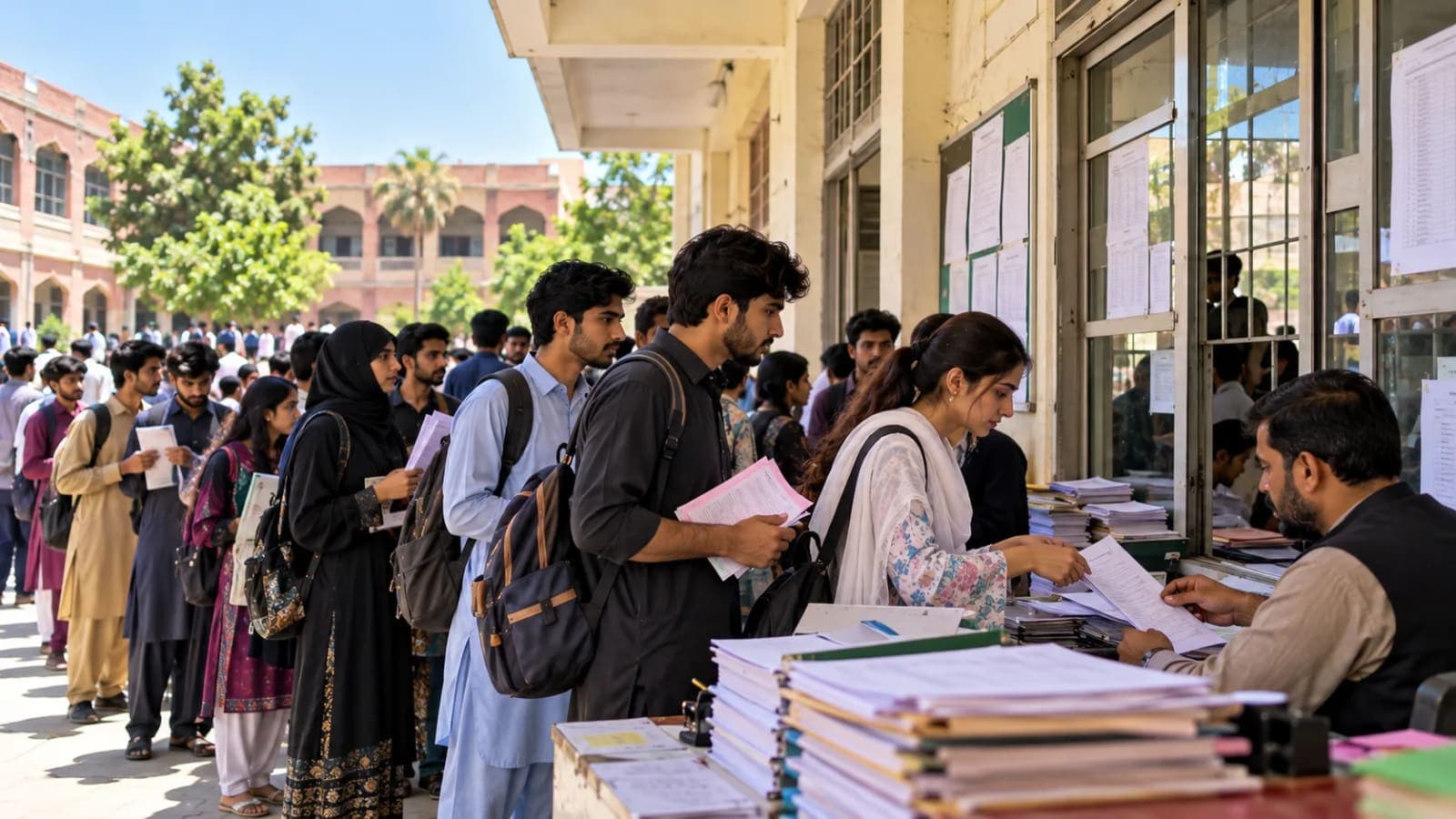 Punjab Class 11 admission deadline extended 2026 showing students at a government college admissions office