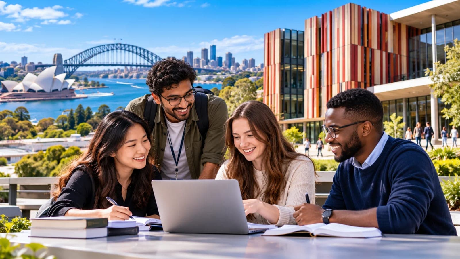 Australia Master's Scholarship 2027 showing international postgraduate researchers at Macquarie University in Sydney