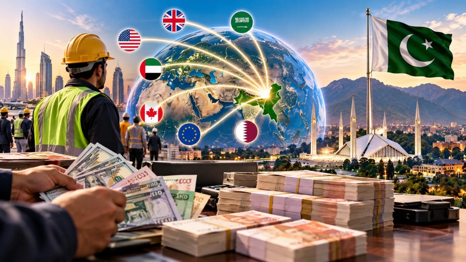 Pakistan remittances 2026 showing overseas Pakistani workers transferring money to families with currency and banking imagery