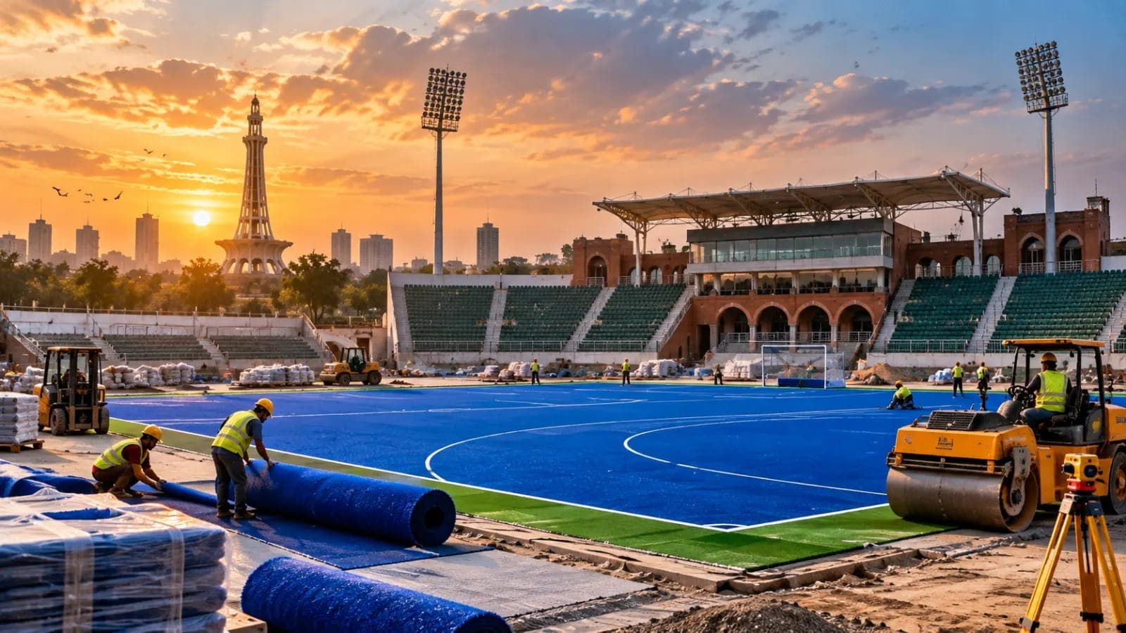 Lahore National Hockey Stadium renovation 2026 showing blue hockey turf, stadium stands and planned modern sports facilities