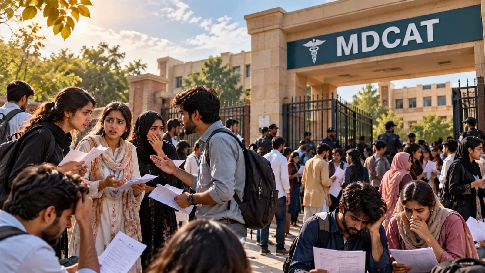 MDCAT 2026 controversy showing Pakistani medical admission candidates outside an examination centre discussing results