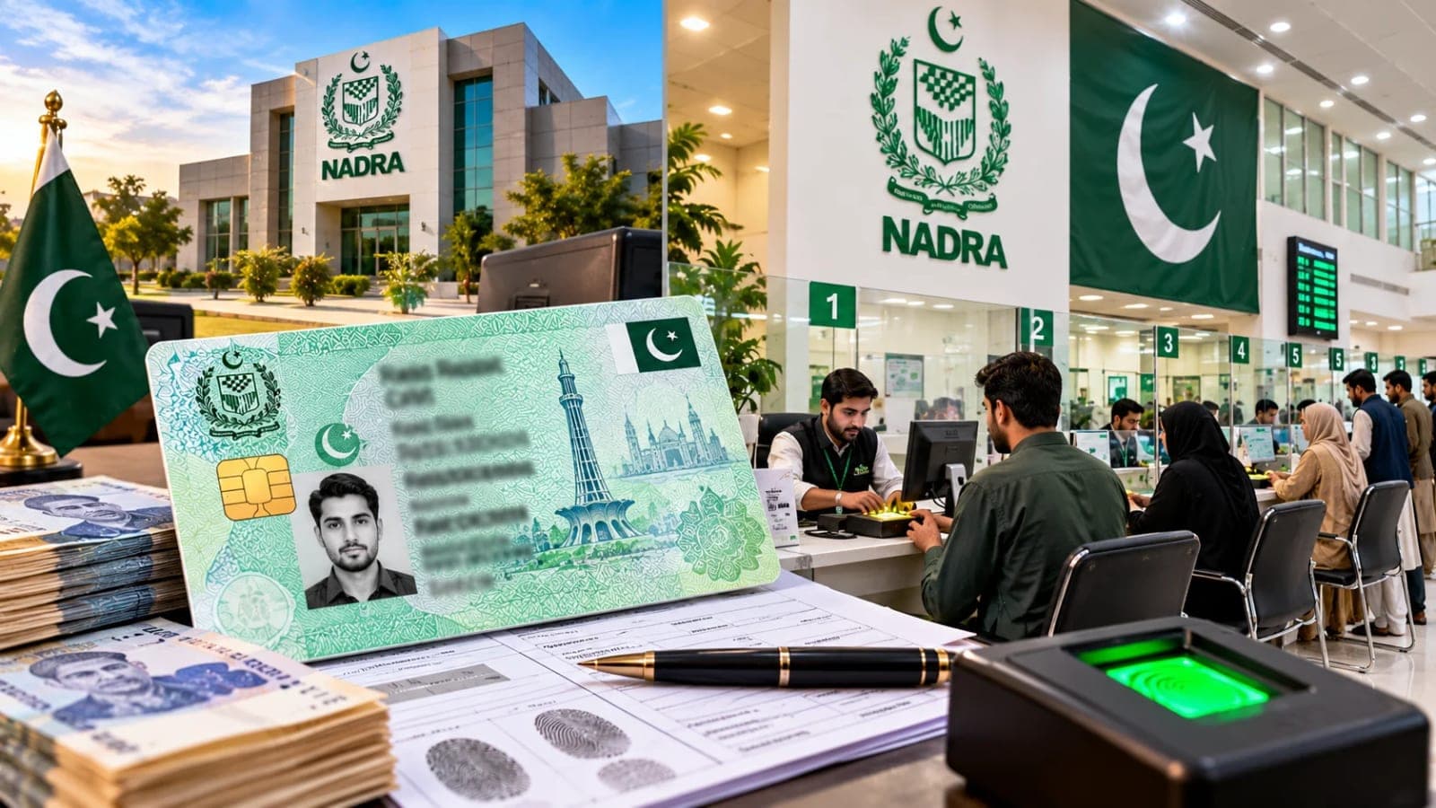 NADRA CNIC fees 2026 showing a Pakistani identity card application at a registration centre