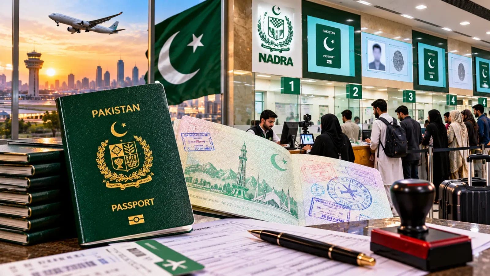 akistan passport fees 2026 showing a Pakistani passport beside travel documents at a passport office