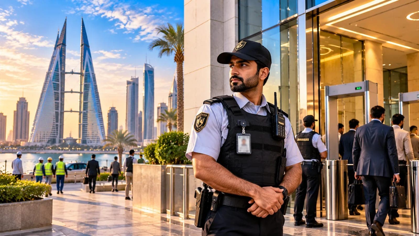 Bahrain OEC jobs October 2026 ashowing a professional security guard at a modern commercial building in Manama
