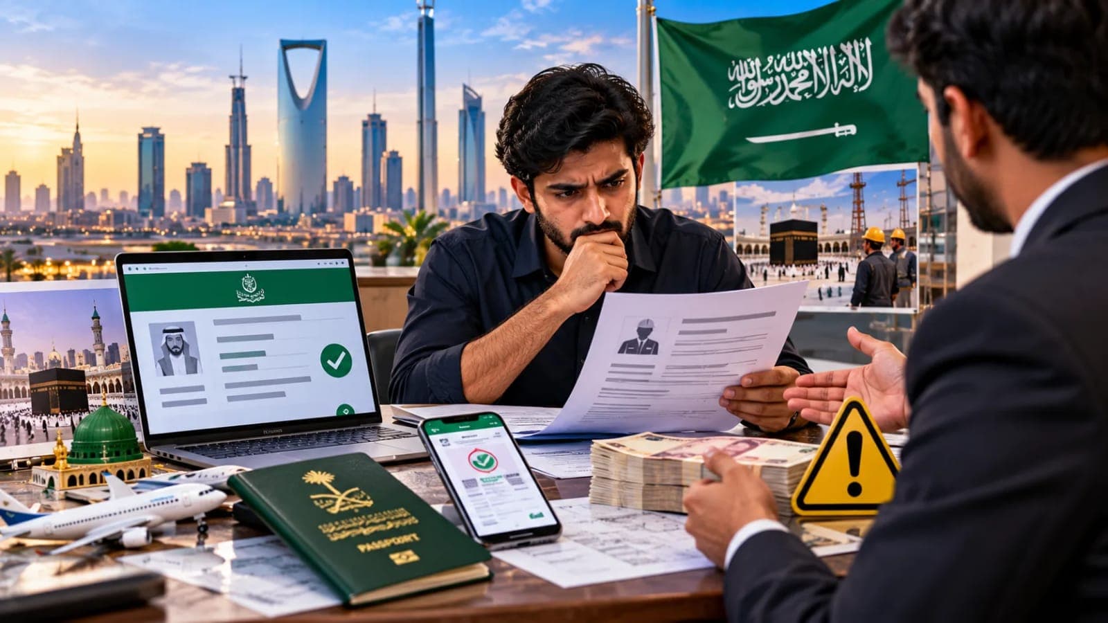 Pakistani job seeker verifying a Saudi Arabia employment contract and work visa on a laptop before paying a recruitment agent