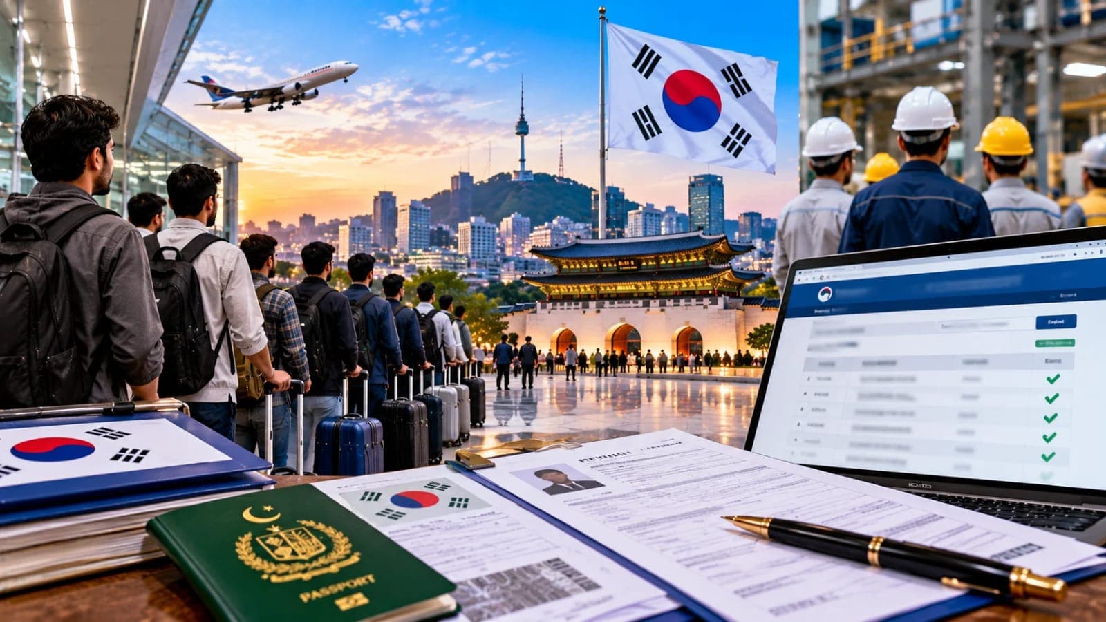 South Korea EPS Jobs 2026 showing Pakistani technical workers at a modern South Korean manufacturing facility