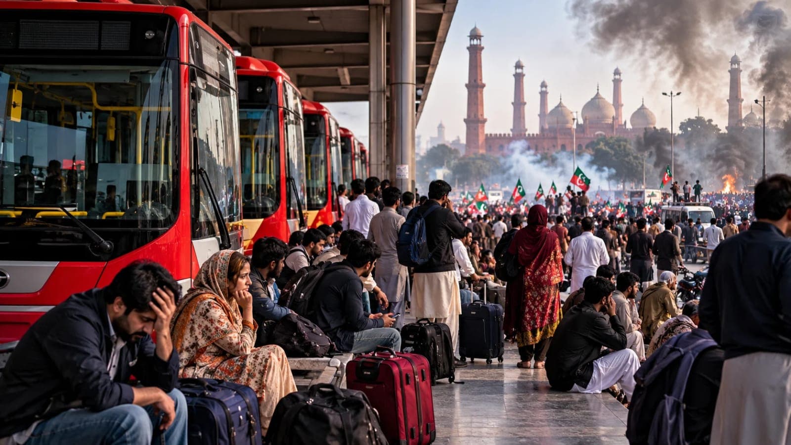 Lahore intercity buses parked at terminal amid transport suspension and PTI protests in October 2026
